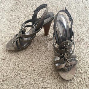 INC Pewter Strappy Sandals with Silver Embellishments – Wooden Heels – Sz 6